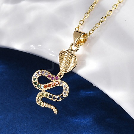 Brass Micro Pave Colorful Cubic Zirconia Snake Pendant Necklaces NJEW-S438-02H-G-1