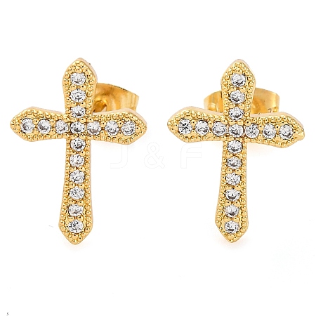 Rack Plating Cross Brass Pave Clear Cubic Zirconia Stud Earrings EJEW-S245-01G-A-1