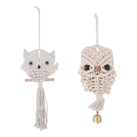 Crafans Owl Cotton Rope & Wood Beads Wind Chime Pendant HJEW-CF0001-05-1