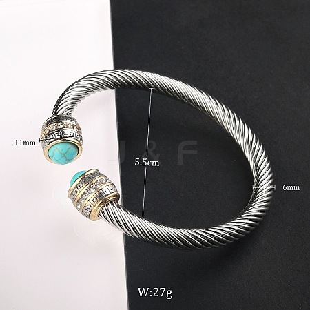 Adjustable C-shaped Stainless Steel Twist Open Cuff Bracelets with Synthetic Turquoise UG3207-2-1