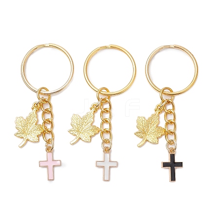 3Pcs 3 Colors Maple Leaf & Cross Alloy Enamel Charm Keychains KEYC-JKC00985-1