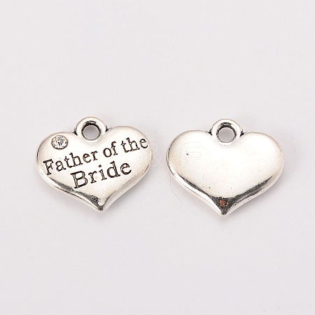 Wedding Theme Antique Silver Tone Tibetan Style Alloy Heart with Father of the Bride Rhinestone Charms TIBEP-N005-19C-1