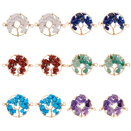 HOBBIESAY 12Pcs 6 Styles Natural & Synthetic Mixed Gemstone Chip Tree of Life Connector Charms FIND-HY0002-71-1