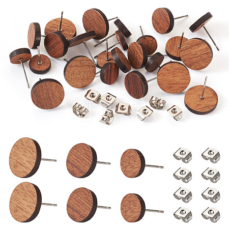  24Pcs 3 Styles Walnut Wood Flat Round Stud Earrings with 304 Stainless Steel Pin for Women EJEW-TA0001-25-1