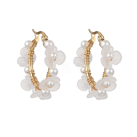 Shell Pearl & Acrylic Beaded Flower Hoop Earrings EJEW-TA00747-1