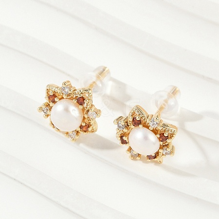 Brass Imitation Pearl Stud Earrings KK-D301-07G-1