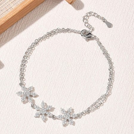Brass Micro Pave Clear Cubic Zirconia Triple Flower Link 2-Strand Bracelets KK-CBA6980-16P-1
