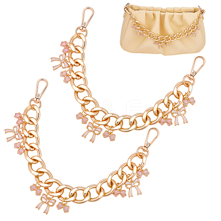 2Pcs Alloy Enamel Pink Bowknot Charm Aluminum Bag Decorative Chains HJEW-BBC0001-28-1