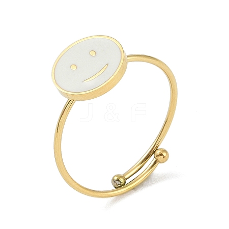 Flat Round with Smiling Face 304 Stainless Steel Enamel Ring RJEW-A038-12G-01-1