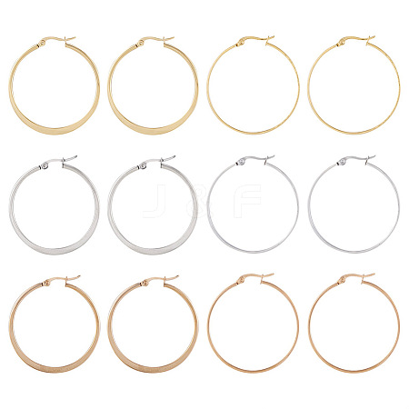  6 Pairs 6 Style 304 Stainless Steel Flattened Big Hoop Earrings for Women STAS-TA0001-89-1