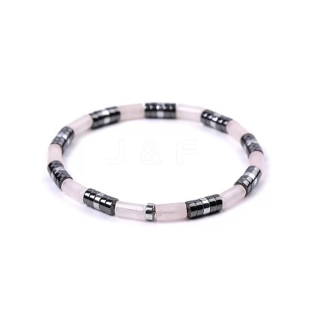Bohemian Natural Rose Quartz & Platinum Synthetic Non-magnetic Hematite Beaded Stretch Bracelets for Women LS-NY1304-1-1