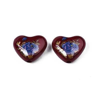 Flower Printed Opaque Acrylic Heart Beads SACR-S305-28-L02-1