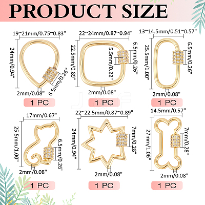 6Pcs 6 Styles Brass Micro Pave Clear Cubic Zirconia Screw Carabiner Lock Charms KK-ME0004-07-1