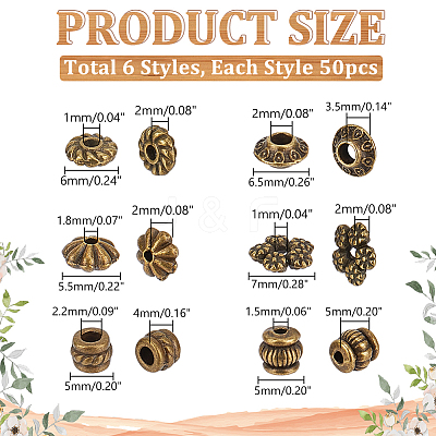 300Pcs 6 Styles Tibetan Style Alloy Spacer Beads FIND-PH0020-41AB-1