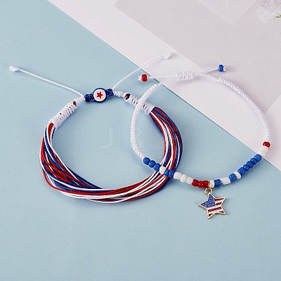 2Pcs 2 Color Alloy Enamel Star Charms Braided Bead Bracelet BJEW-SW00046-1
