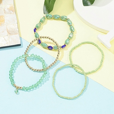5Pcs 5 Style Glass & Lampwork Evil Eye Stretch Bracelets Set BJEW-JB09619-04-1