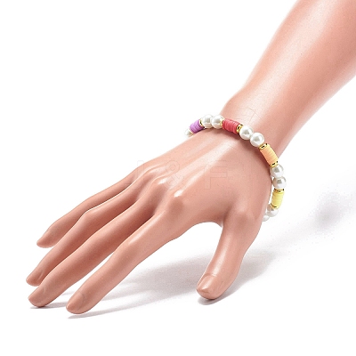 Polymer Clay Heishi & Glass Pearl & Brass Beaded Stretch Bracelet for Women BJEW-JB08754-1