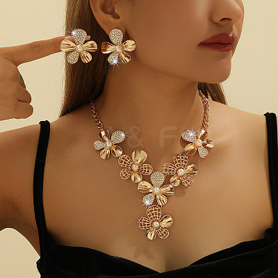 Flower Alloy Crystal Rhinestone & Plastic Pearl Pendant Necklaces & Stud Earrings Sets for Women FS-WGF8FDA-01-1