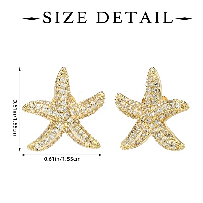 1 Pair Starfish Brass Micro Pave Clear Cubic Zirconia Studs Earrings EJEW-SZ0002-08G-1