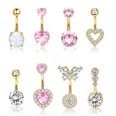 8Pcs 8 Styles 316L Surgical Stainless Steel Cubic Zirconia Heart Butterfly Curved Barbell Belly Rings Sets WG47019-01-1