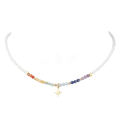 304 Stainless Steel Star Pendant Natural Aquamarine & Yellow Opal & Lapis Lazuli & Amethyst & Green Aventurine & Carnelian & Glass Faceted Rondelle Beaded Chakra Nacklaces NJEW-JN05773-1