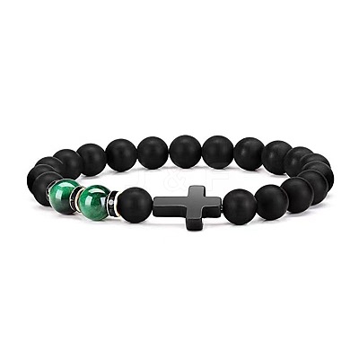 Cross Natural Obsidian & Dyed Tiger Eye Stretch Bracelet HU1552-5-1