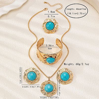 Round Alloy & Synthetic Turquoise Pendant Necklace & Stud Earring & Cuff Bangle & Rings Sets FS-WG9CCFC-01-1