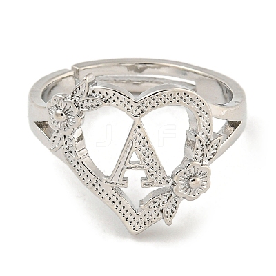 Heart with Letter & Flower Rack Plating Brass Adjustable Rings for Women RJEW-I105-05P-A-1