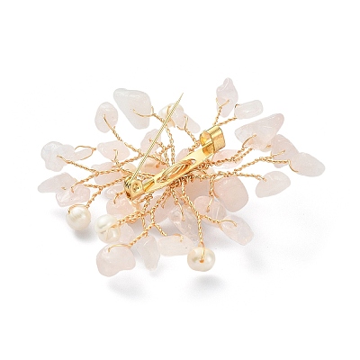 Natural Rose Quartz Chips & Pearl Beaded Flower Brooch Pin JEWB-BR00098-03-1