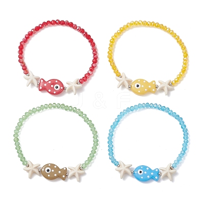 4Pcs Glass and Synthetical Turquoise Beads Stretch Bracelets for Women BJEW-TA00709-1