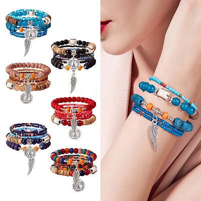 5Pcs 5 Style Wood & Glass Seed & Acrylic Beaded Stretch Bracelets Set with Baseball JB709B-1