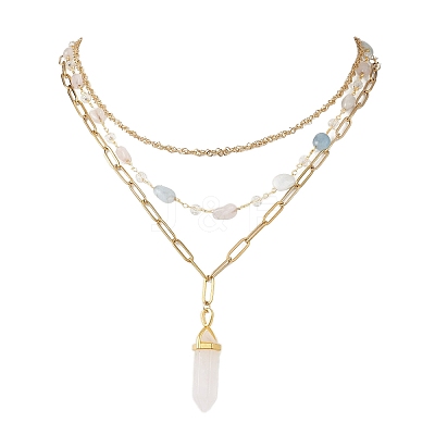 Natural Rose Quartz Double Terminated Pointed Bullet Pendant 304 Stainless Steel & Brass Chain 3 Layer Necklaces for Women NJEW-JN05477-04-1