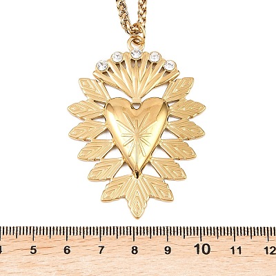 304 Stainless Steel Crystal Rhinestone Heart Pendant Wheat Chain Necklaces NJEW-P344-01G-1