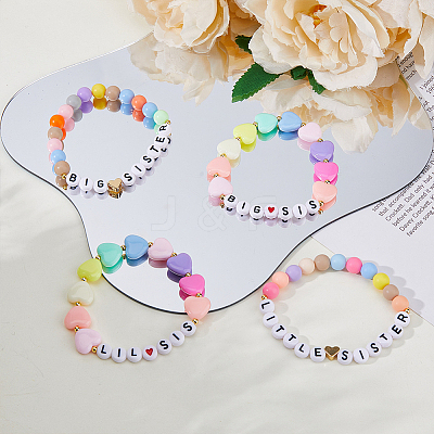 4Pcs 4 Styles Word Big Little Sis Acrylic Heart Beaded Stretch Bracelets Set BJEW-FI0001-54-1