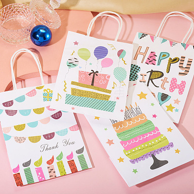 8Pcs 4 Styles Birthday Rectangle Paper Gift Bags with Rope Handles ABAG-TA0001-70-1