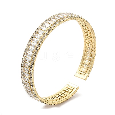 Rack Plating Brass Cubic Zirconia Rectangle Open Cuff Bangle for Women BJEW-M298-08G-1