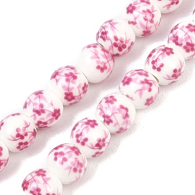 Handmade Flower Printed Porcelain Ceramic Beads Strands PORC-M005-8mm-03-1