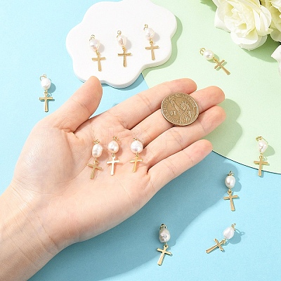 12Pcs Natural Cultured Freshwater Pearl & 201 Stainless Steel Pendants PALLOY-YW00147-1