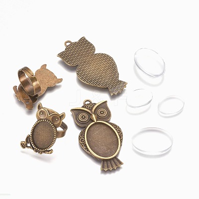 Vintage Adjustable Iron Owl Finger Ring Settings and Alloy Cabochon Bezel Settings FIND-X0010-02AB-1
