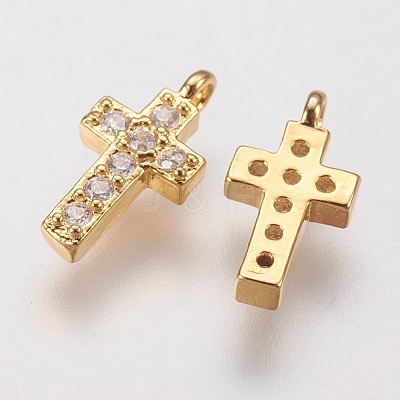Brass Micro Pave Cubic Zirconia Tiny Cross Charms ZIRC-G133-06G-1