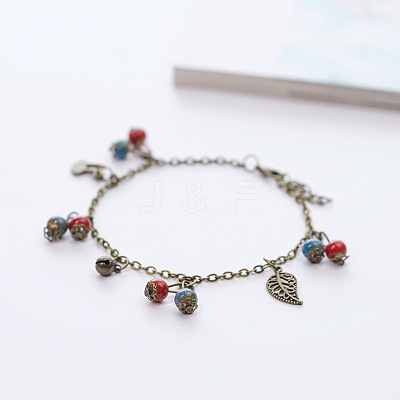 Vintage Alloy Bell Leaf and Porcelain Rondelle Beads Tassel Anklets for Women FS-WG4AD9F-01-1