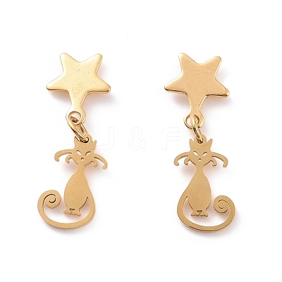 304 Stainless Steel Cat with Star Dangle Stud Earrings for Women EJEW-G328-10-1