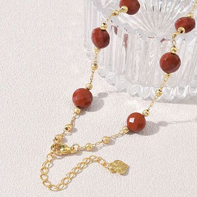 Natural Red Jasper Faceted Flat Round Beaded Chain Necklaces with Matte Brass Beads GG-CBA37F5-01G-01-1
