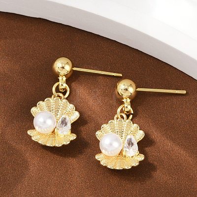 Shell Shape Brass Micro Pave Clear Cubic Zirconia Dangle Stud Earrings EJEW-F895-13G-1