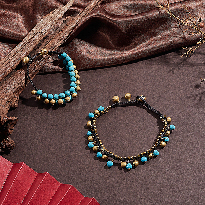Bohemian Synthetic Turquoise & Brass Bell Tassel Braided Waxed Cord Anklets & Bracelets for Women SJEW-PH0001-30-1