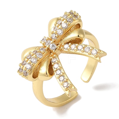 Bowknot Brass Micro Pave Clear Cubic Zirconia Open Cuff Rings for Women RJEW-C098-10G-1