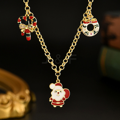 Brass Micro Pave Cubic Zirconia with Enamel Christmas Wreath Santa Claus Candy Cane Pendant Bib Necklaces for Women IP8864-1
