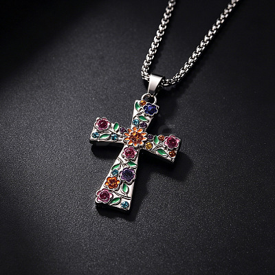 Alloy Rhinestone Enamel Floral Cross Pendant Necklaces for Women WGDC600-01-1