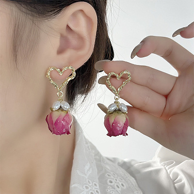Heart Brass Shell Pearl Dangle Stud Earrings FS-WGDBC6E-01-1