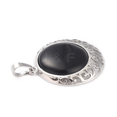 Natural Obsidian Pendants with Hollow Platinum Brass Findings G-P448-A12-P-1
